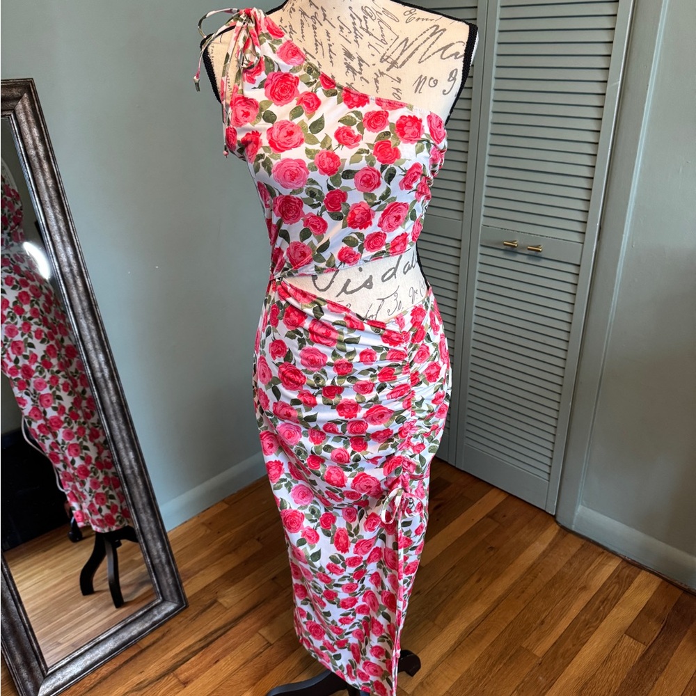 Floral One-Shoulder Dress in Pink and Green